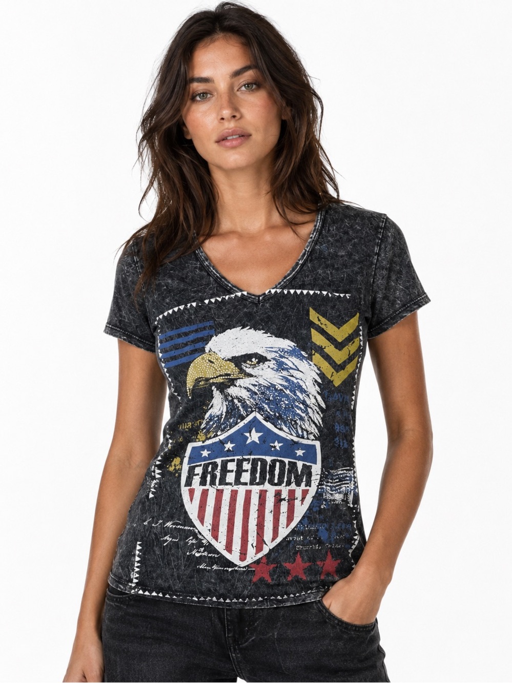 Daytrip Buckle Y2K Acid Wash Bling Freedom Eagle Graphic V-Neck Tee Size Medium